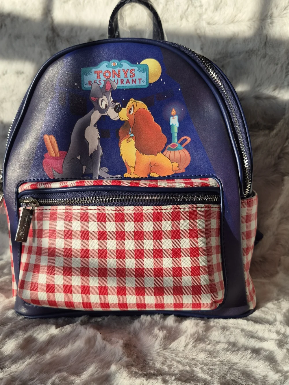 Danielle Nicole Navy Blue Backpack with Red Gingham Pocket